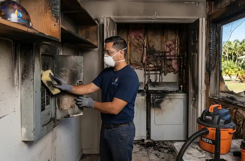 Technician performing emergency fire recovery steps in a Florida property