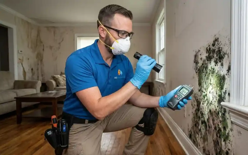 Technician spotting hidden mold under high humidity in a Florida property