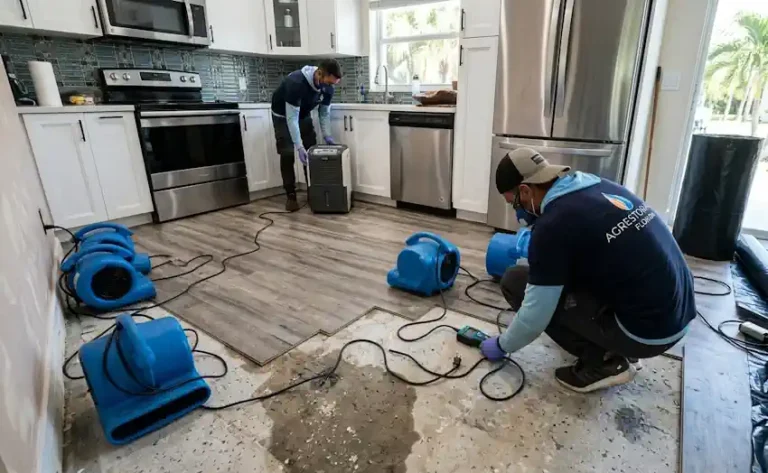 Kitchen water damage restoration team drying a concrete subfloor under laminate flooring in Florida